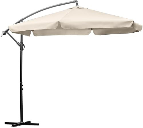 LEHMANN Ombrellone Esterno con base Ø 300 cm, Ombrellone da Giardino Grande con Manovella, Regolabile, Proteggere dal Sole e dai Raggi UV, Impermeabile, per la Terrazza e il Giardino, Beige