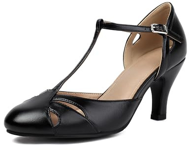Elerhythm Damen Mary Jane Vintage T Strap Geschlossene Runde Zehen Heels Retro 1950er Pumps 1920er Viktorianische Schuhe, Schwarz, 37 EU