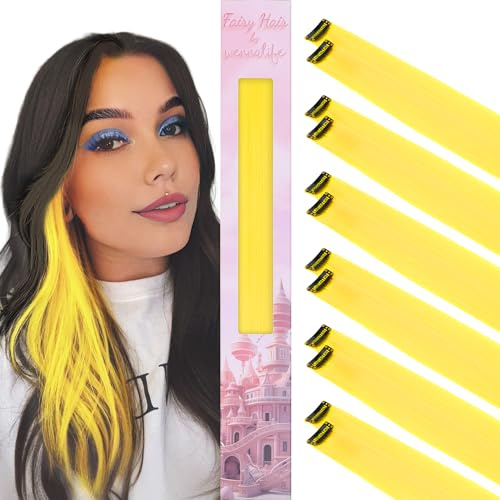 WENNALIFE 12 Piezas Amarillo Extensiones de Clip de Pelo, Colorido Extensiones de Cabello Pelo Postizo Mechas de Colorido Extensiones Clip Mechas Pelo Lacio para Niñas Mujeres Trenzas Cosplay Fiesta