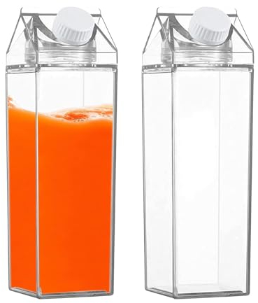 2 Stück Transparente Milchkarton Wasserflasche, 1000Ml Quadratische Trinkflaschen Mit Schraubverschluss, Wiederverwendbarer,FüR Die Lagerung Von GeträNken, Picknic, Camping, Milch
