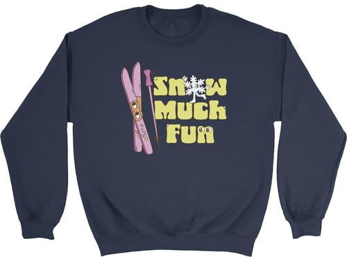 Shopagift Snow Much Fun Kids Sweatshirt Funny Ski Skiing Jumper Boys Girls Navy Blue