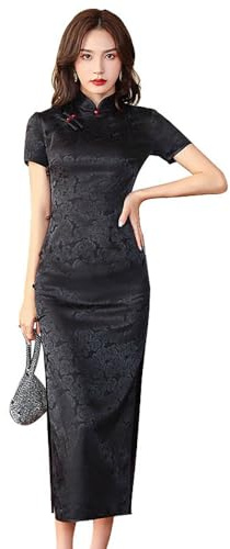 ZNLFS Women's Chinese Dresses Long Cheongsam Mandarin Collar Slim Fit Short Sleeve Bodycon Floral Print Sexy Side Slit Qipao (UK, Numeric, 12, Regular, Regular, Black)