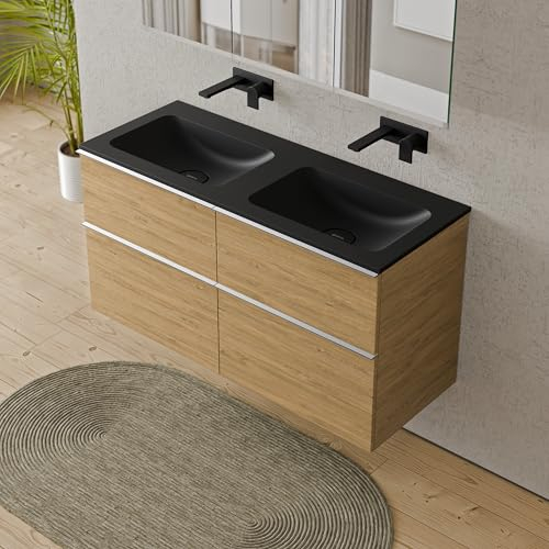 BERNSTEIN Badmöbel-Set Lavoa, Waschtisch-Unterschrank mit Waschbecken 120cm in Eiche - CREAM - Schwarz matt ohne Hahnloch - 2 Schubladen, Griffe in Chrom, vormontiert, 5 Jahre Garantie
