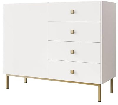 Mirjan24 Kommode Nutero 1D4SZ mit 4 Schubladen und Tür, quadratische Metallgriffe, Highboard, Anrichte, Sideboard, Mehrzweckschrank, Wohnzimmerschrank (Weiß)