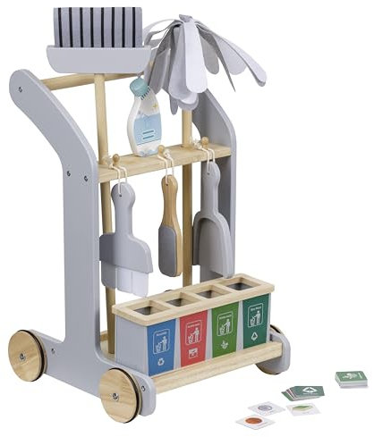 Baroni Toys Montessori Reinigungswagen aus Holz, 8 Teile, Lernspiel mit trainierbarem Wagen, mit Besen und Kehrschaufel, Mopp, Bürste, Zubehör für die Abfallsammlung, 29x32x48 cm