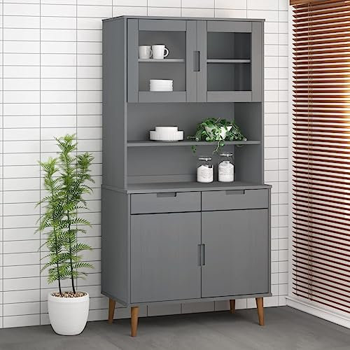 Higsose Buffet Esszimmer 90x35x100 cm Sideboard Wohnzimmer Komodenschrank mit 3 Böden und 2 Glastüren Schrank Highboard Oberteil Kommode Schubladenschrank Beistellschrank Grau Massivholz Kiefer