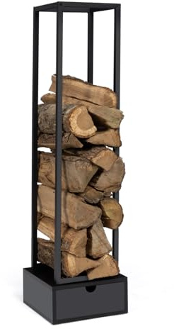 IDMarket - Range bûches Vertical Acier Noir H.125 cm pour cheminée | Avec tiroirs