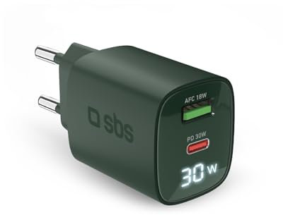 SBS caricatore multiporta 30W con LCD, 1 porta USB-C e 1 USB-A, presa europea, Power Delivery, ideale per smartphone Android, iPhone, tablet, MacBook