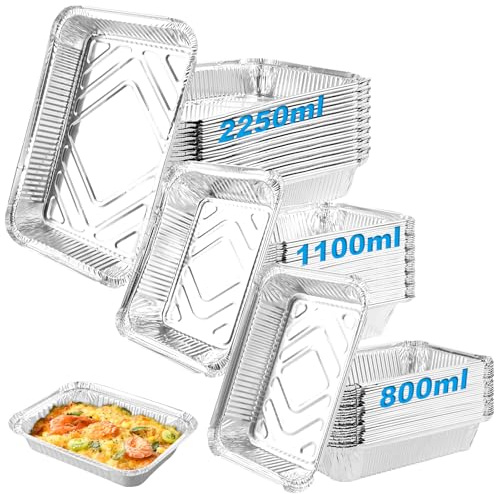 Oungy 60 bandejas de aluminio reutilizables, 800 ml/1100 ml/2250 ml, bandejas de aluminio grandes, bandeja colectora de grasa, bandejas de aluminio para asar, cocinar, hornear, parrilla de aluminio