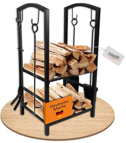 Lemodo Kaminholzregal Metall mit 4-teiligem Kaminbesteck, Brennholzregal, Metallregal für Holz und Briketts, stabiler Kaminholzständer, moderne Holzaufbewahrung, Feuerholzregal, Brennholzständer
