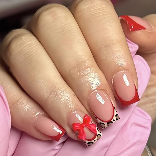 Mrltau 24 Stück Rot French Tip Künstliche Fingernägel Kurz, Leoparden Print Press on Nails Short, Glänzend Nägel Zum Aufkleben Kurz, Vollcover Fake Nails