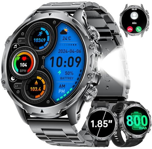 Smart Watch for Men with 800mAh/LED Flashlight, 1.85'' Smartwatch with Bluetooth Call/30+ Days Standby/Health Monitor, IP68 Waterproof Sport Tactical Military Fitness Tracker Watch for Android iOS