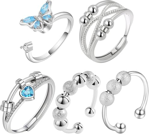 HTTDSLF 5 Pezzi Anello Donna Antistress con Perline, Anello Argento Antistress, Anellos Donna Regolabil, Impilabil Fidget Anellos, per Donnas Uomos