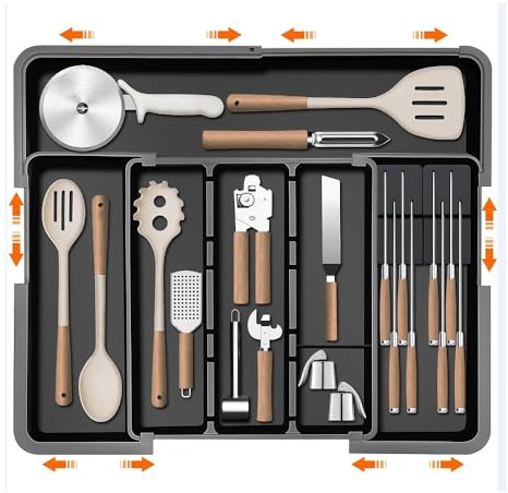 Glowjoy Erweiterbarer Besteckkasten für Schubladen, Besteckkasten für Schubladen, Verstellbarer Schubladeneinsatz Besteckeinsatz, Schubladen Organizer Küche, Schwarz für Löffel/Gabeln/Messer