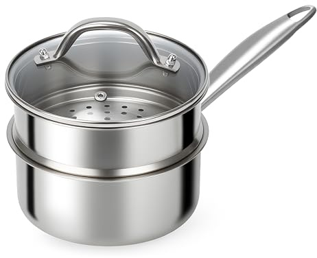 Ohtomber Stainless Steel Sauce Pan - Tri-Ply 1.5 Quarts Steamer for Cooking, Small Cooking Pot with Steamer Basket, Sauce Pan with Lid, Non Stick Saucepan, Induction Steam Pot for Vegetable, Oatmeal