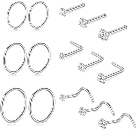 DAI JY Anneaux de nez en titane 20G 15PCS - Clous de nez en forme de L - Vis de 1,5 mm 2 mm 2,5 mm - Zircone cubique - Petits anneaux de nez argent, noir, or - Piercing de nez hypoallergénique pour