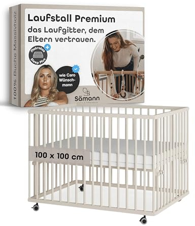 Sämann Baby Laufstall aus Holz I Sahara Dust 100x100 cm I Inkl. Matratze SleepPlus I Höhenverstellbares Babybett aus Buchenholz I Laufgitter mit gummierten Rollen I TÜV geprüft