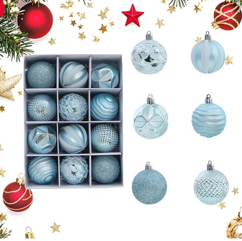 12 Pcs Blue Shatterproof Baubles | 6cm Glitter Christmas Tree Decorations | Plastic Ornaments with Hooks, UKCA Certified