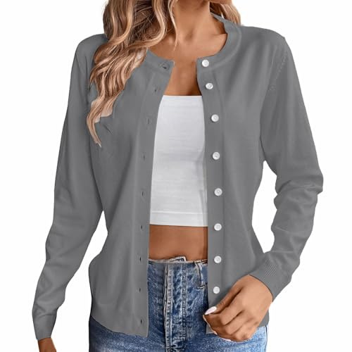 Cardigan d'été léger à manches longues pour femme - Fin et élégant - Col rond - Cardigan ouvert à l'avant - Gilet en tricot classique avec boutons