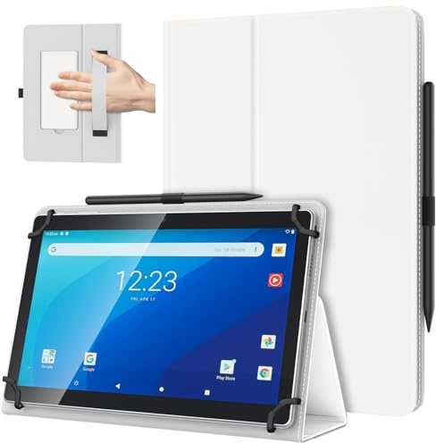 TiMOVO Custodia Universale per Tablet Android 10,1 Pollici con Anello per Penna, Cover Leggera e Pieghevole in Piedi con Cinghia a Mano per Tutti i Tablet Touchscreen da 9,6-11 Pollici, Bianco Avorio