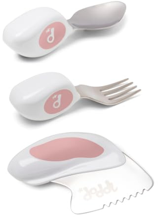 doddl Toddler Utensils, Ergonomic Fork Spoon and Knife Set for Self Feeding, Stainless Steel Silverware for 1-3 Year Olds, BPA Free, Dishwasher Safe (Dusky Rose)