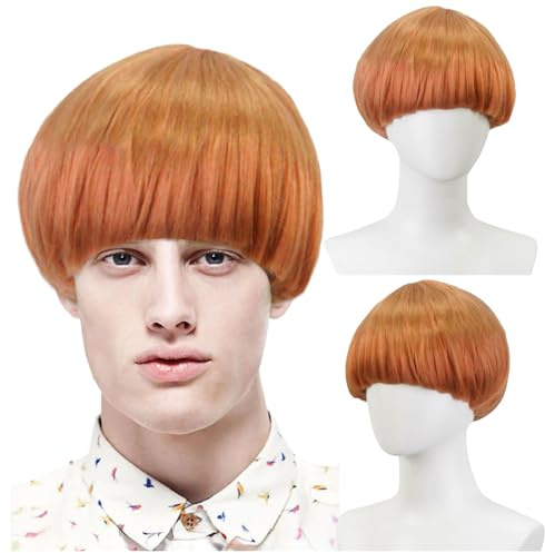 FOUNSHO Short Ginger Bowl Cut Wig with Band For Men Women, Adults Short Mushroom Wig Funny Ugly Nerd Hairs Bob Men's 60s 70s 80s Cosplay Costume Fancy Dress Party Crazy Hair Day Halloween (Orange)