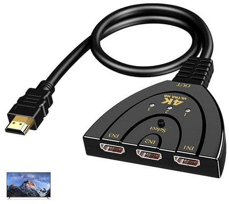 HDMI-omkopplare 3 ingångar 1 utgång, 4K Ultra HD HDMI-strömbrytare, manuell knappväljare kompatibel med TV, PC, Roku, Fire TV Stick, Xbox, PS5, PS4, Blu-Ray, projektor, HD-skärm
