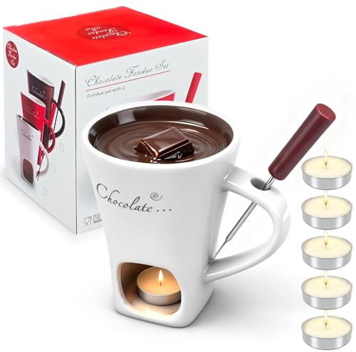 Bagzoo Schokofondue Tasse, 200Ml schokoladenfondue Tasse, Mehrzweck Chocolate Fondue Set mit Gabel und Teelicht, geeignet für Käse, Schokolade, Butter und Karamell (weiß)