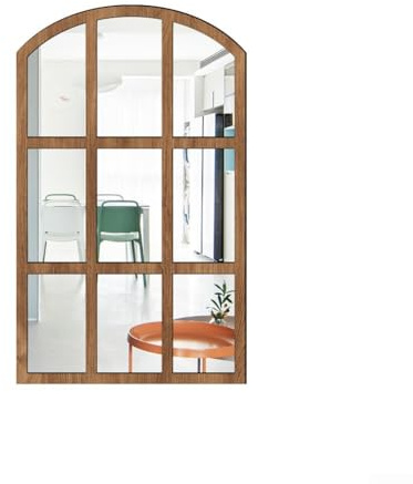 3D Imitation Fenster Spiegel Wandaufkleber Holzrahmen mit Acryl für Wohnkultur Selbstklebende Dekoration für Wohnzimmer Schlafzimmer 44x27cm(Holz)