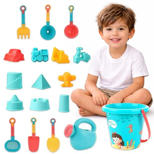 Xwin Sportseries 18 Piece Kids Beach Sand Toy Set with Bucket and Watering Can, Sandcastle Molds, Shovels, Scoops and Rakes, Outdoor Summer Sandbox Play Set for Toddlers and Kids