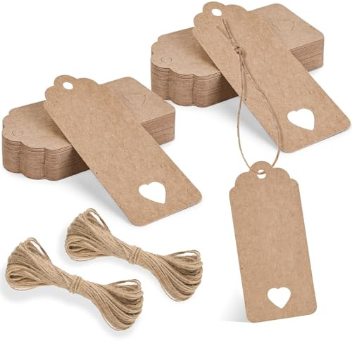 Cossaot 200 Piezas Etiquetas para Regalos, Corazón Etiquetas Papel Kraft con 40M Cuerda de Yute, 4.5×9.5CM Tag de Navidad, para Regalos de Boda, Artesanía Navidad Cumpleaños (Amarillo)