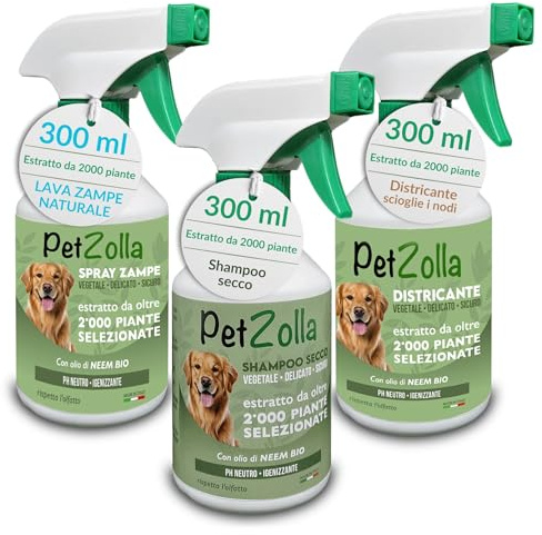 Kit Shampoo secco per cani senza risciacquo 300ml, Spray districante sciogli nodi pelo cane 300 ml e Spray pulisci zampe 300ml, formula naturale con olio di neem timo e argan - Made in Italy