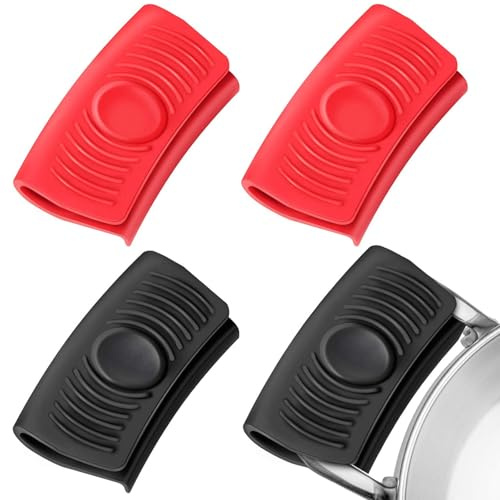 4 Presine in Silicone per Manici di Pentole, 2 Nere e 2 Rosse, Resistente al Calore e Antiscivolo, per Padelle, Teglie e Forno