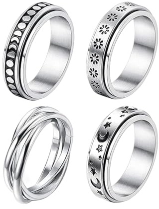 Fidgetringset - 4 Delar i Modernt Titanstål Stilrent | Roterande Fidgetringar,För Cosplay, Vardag, Maskerad, Till Tjejer, Killar, Vuxna