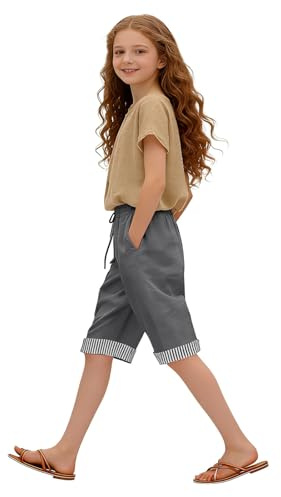 Mjjsk Pantaloncini estivi da ragazza, casual, con elastico in vita, lunghezza al ginocchio, pantaloni corti per bambini, leggeri, morbidi, bermuda, vacanze, scuola, uso quotidiano