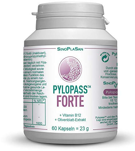 Pylopass FORTE 200mg mit Vitamin B12 und Olivenblattextrakt | beste Qualität | hochdosiert | vegan | laktosefrei | glutenfrei | für Diabetiker geeignet | 60 Kapseln