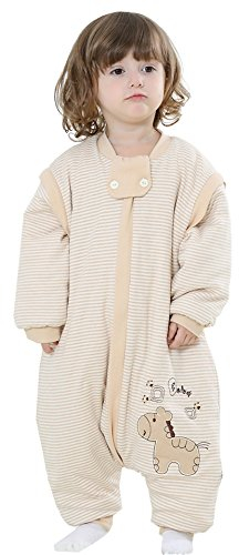 Chilsuessy Ganzjahres Mädchen Schlafsack 2.5 Tog Jungen Baby Winter Schlafsack Kinderschlafsack,abnehmbar Ärmel,mit Füße, Beige, XL/Koerpergroesse 90-100cm