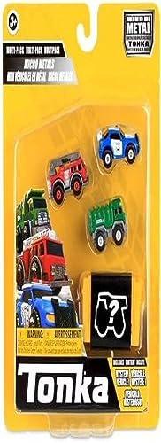 Basic Fun Micro Metals – Polizeiwagen, Feuerwehrauto, Müllwagen, Muldenkipper, Tonka, Geschenk Spielzeugfahrzeug für kreatives Spielen, Fahrzeug-Spielset für Jungen & Mädchen ab 3 Jahren