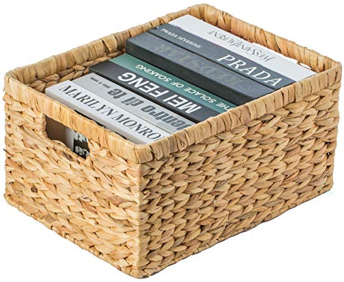 Cesto rectangular de mimbre de jacinto de agua natural con asas, QI003544.L
