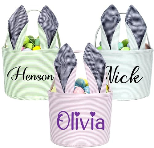 Personalisierter Osterkorb für Jungen und Mädchen, Seersucker-Eiersuche, Hasenkörbe für Kinder, DIY-Hasen-Eimer-Tragetaschen für Osterdekoration, Süßigkeiten, Geschenke, Aufbewahrung