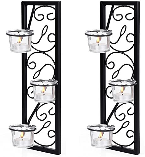Belle Vous Kerzenhalter Wand Teelichthalter Schwarz Eisen Set (2 STK) - H35,2 cm - Kerzenhalter Stumpenkerzen Halter zur Wandmontage - Wandkerzenhalter Vintage Set für Heim- & Hochzeitsdekoration