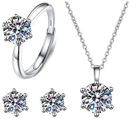 FDEETY Schmuckset Damen Silber, 925 Sterling Silber Anhänger Halskette Ring und Ohrringe Set Weißer Zirkonia Kristall Schmuckset Geschenke für Hochzeit Verlobung