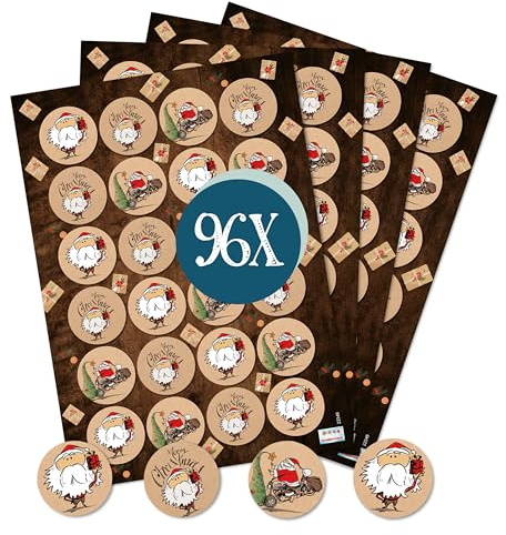 Premium Weihnachtssticker Merry Christmas, 96 Stück: Aufkleber Weihnachten Klein, Weihnachtsaufkleber Selbstklebend, Weihnachtsmann Sticker, Geschenkaufkleber, made in Germany Ø 4 cm
