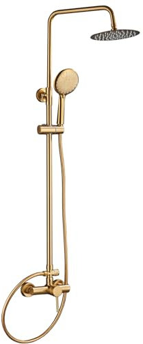 VALAZ Colonne de Douche | Mitigeur Monocommande Douche, Mélangeur Eau Froide et Chaude, Économie d'Eau | Installation Facile, Inoxydable | Longueur 80-120 cm, Pommeau 20 cm, Doré Brossé, Série Ebro