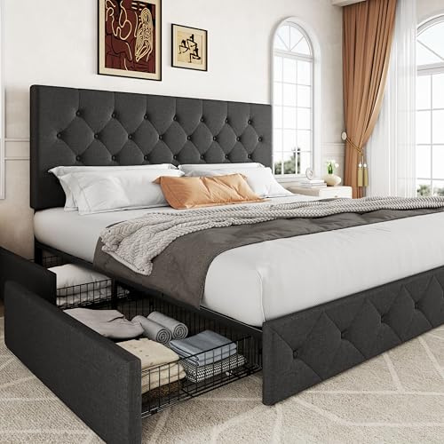 Allewie King Size Storage Bed Frame with 4 Underbed Drawers, Upholstered Platform Bed with Adjustable Headboard, Diamond Button Tufted, Easy Assembly, Noise-Free, No Box Spring Needed, Dark Grey