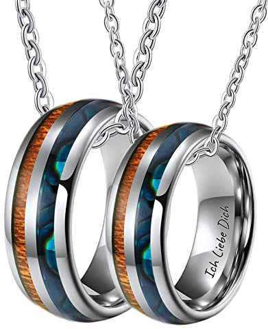 AMDXD Halskette Paare Wolfram mit Gravur Ich Liebe Dich, Holz Muschel Kette Paare mit Gravur 2 Stück mit Ringe Anhänger, Silber für Frauen Männer, Breite 8MM Länge 60cm/ 50cm