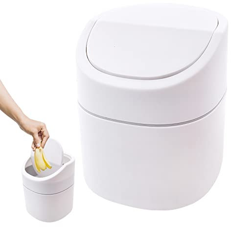 WSAMJIN Mini pattumiera in plastica con coperchio – minuscola pattumiera per bagno, scrivania, tavolo o tavolino – Smaltimento di turni di cotone, spugne make up, tessuti; 2 litri