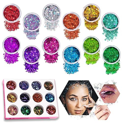 Sugeru 12 Farben glitzer gesicht für Körper, Gesicht, Haare, Nagelkunst | festival body glitzer gesicht | glitter zubehör make up | Halloween,festival outfit damen,kinderschminke (12-2.5g/pcs)