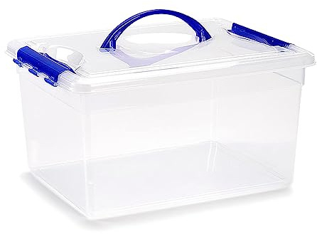 Acan Tradineur - Caja de Almacenamiento Transparente con asa Azul - Fabricado en plástico - Contenedor para almacenar Juguetes, Libros, Ropa, Mantas - N.º 9-18 x 34 x 27 cm - 12 L