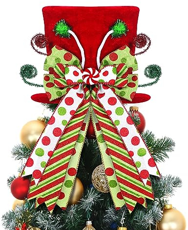 Syhood Weihnachtsbaumspitze, Hut mit roten, weißen, grünen Schleifen, 25,4 x 21,6 cm, faltbar, großer roter Zylinder mit großen Süßigkeitenschleifen, Weihnachtsbaumspitzen-Dekorationen, Ornamente für
